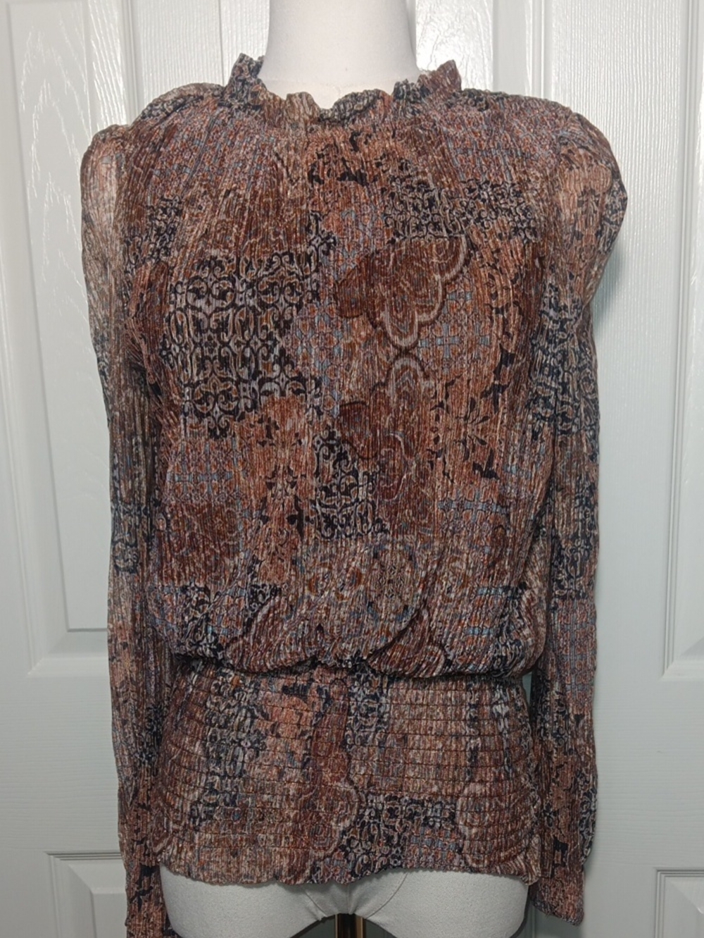 NWT Joie Brown Metallic Multi-Pattern Smocked Mock Neck Blouse